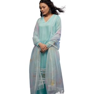 Conjunto de traje Palazzo azul en polvo en seda viscosa, venta al por mayor, Ropa Étnica para mujer, proveedor de fábrica de ropa OEM, ropa de fiesta personalizada - Product Image 3