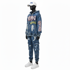 <b>Men</b> Streetwear <b>Denim</b> Tracksuit GSM Premium Cotton Blend Spray Wash Hoodie And Cargo <b>Joggers</b> With CustomLogo plus size Tracksuits - Product Image 4