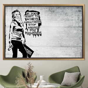 Printed <b>Canvas</b> Artwork: Banksy Graffiti Art 'Achieve Greatness' Wall Decor,GOLD <b>FRAMED</b> <b>CANVAS</b> - Product Image 1