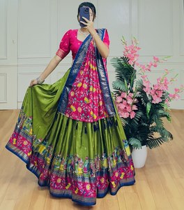 RADHE EXPORT Traditional Women's Lehenga Choli Tussar <b>Silk</b> <b>Fabric</b> Kalamkari Work Gota Patti Lace Border Quick Dry for - Product Image 6