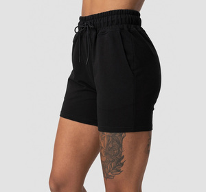 Short décontracté en coton noir pour femme avec cordon de serrage | Short polaire de coupe décontractée avec poches - Product Image 3