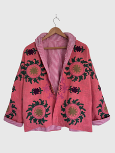 Veste en lin et coton brodée de fleurs roses, col châle, grande taille, style Prairie Chic, pour femme, tenue de printemps - Product Image 1
