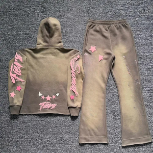 Street Wear Acid Wash Distressed Men Chándales Algodón Pullover Sudadera con capucha Pantalón Diseño personalizado Sun Fade Sweat Suits - Product Image 2