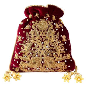 2024 Latest Maroon Silk Potli Evening <b>Bag</b> with Embellished Pearls Crystal Glass Beads Sequence Embroidery <b>for</b> <b>Weddings</b>/Parties - Product Image 1