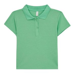 Camiseta Polo Verde Menta de Corte Regular para Niñas, Estilo Ribbed, Cuello Polo Sólido, Manga Corta, Algodón - Product Image 1