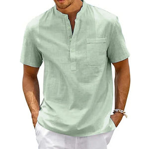 Camisa de lino y algodón para hombre, cuello Henley, bolsillo, informal, para playa, manga corta, Color sólido, camisetas para hombre, ropa de calle Vintage - Product Image 1