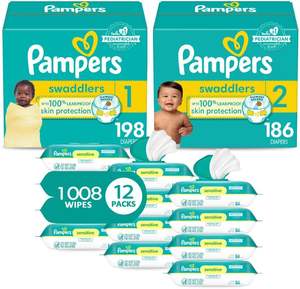 Kit de démarrage Pampers pour bébés - Couches jetables Swaddlers tailles 1 (198 couches) et 2 (186 couches) avec Sensitive - Product Image 1