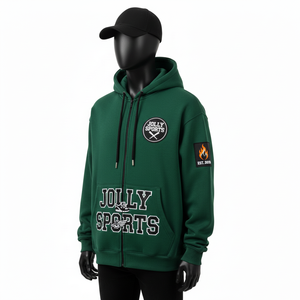 Sudadera con Capucha Premium de 350 GSM con Cremallera, Felpa Suave de Algodón y Poliéster, Color Verde, Parche Frontal con Bordado, Logotipo Personalizado, Sudadera Básica con Cremallera - Product Image 2