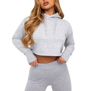 Pantalones cortos y Sudadera con capucha Mujer Logotipo personalizado Impreso Precio bajo Conjunto de dos piezas Sudadera con capucha corta con cordón Ropa de mujer corta - Product Image 1