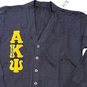 Cardigan en tricot acrylique noir pour femmes, col en V, avec broderie sur le devant, personnalisé pour les sororités et fraternités Alpha AKP Psi. - Product Image 4
