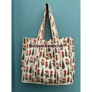 Bolso de compras de algodón hecho a mano indio con estampado de bloque de mano, bolso de mano para mujer, bolso de hombro acolchado con estampado de bloque hecho a mano - Product Image 5