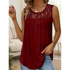 Women'<b>s</b> Strappy Round Neck Viscose <b>Blouse</b> with Lace Detail, 36853 - Burgundy - Product Image 2