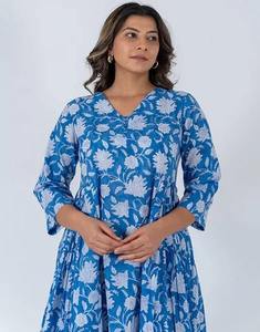 Nueva moda Boho Floral impreso media manga bloque de mano vestido de algodón tejido cintura Natural hecho a mano ODM suministro para mujeres indias - Product Image 3