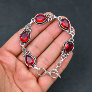 Lab-Created Red Garnet Gemstone Handmade 925 <b>Silver</b> Plated <b>Chain</b> Style <b>Bracelet</b> Designer Fine Jewelry Gift - Product Image 1