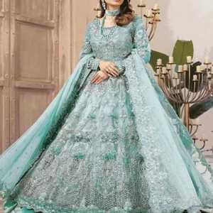 Robe de Mariage Couleur Unie pour Femme, Magnifique Broderie Fantaisie, Manches Longues Entièrement Évasée, Ensemble 3 Pièces - Product Image 3
