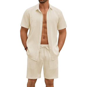 Vente en gros Chemise texturée à manches courtes de couleur beige pour hommes, nouveauté Costume d'été respirant avec bouton, style formel, logo à l'avant - Product Image 2