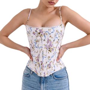 Débardeur court sans bretelles respirant pour femme, style corset, imprimé floral – Hauts élégants sexy et style club en Spandex/Polyester, vente en gros - Product Image 4