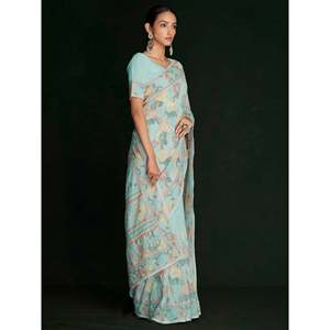 Awesome Turquoise Lucknowi Georgette Saree with Blouse for Festivals and <b>Performance</b> <b>Wear</b> - Product Image 2