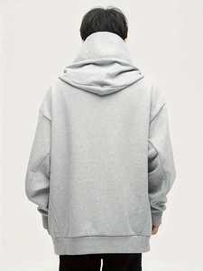 Light <b>Grey</b> Oversized Hoodies <b>Men</b> Heavyweight Fleece Pullover Streetwear Hooded <b>Sweatshirt</b> with Face Cover Custom Logo Winter - Product Image 3