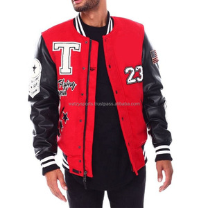 Hot Sale Black with Red Color Embroidery Logos <b>Patches</b> and Labels <b>Jacket</b> for Men Wool Letterman Real Leather Varsity <b>Jackets</b> - Product Image 3