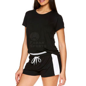 <b>Women's</b> Custom Wholesale Casual Style Running Set Breathable Solid Pattern T-Shirt & <b>Shorts</b> with Contrast Colors - Product Image 5