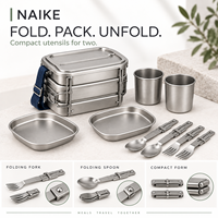 Ensemble de vaisselle compact en acier inoxydable pour deux personnes, vaisselle de camping avec assiettes, tasses, couverts pliables pour les voyages