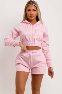 Nuevo personalizado bebé rosa 2 piezas mujer Crop Zip Sudadera con capucha y pantalones cortos chándal conjunto mujer Sudadera con capucha y chándal corto conjunto mujer 2 piezas conjunto - Product Image 4