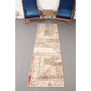 Tapis vintage, petit tapis turc de 2,8 x 8,5 pieds, tapis beige à motifs floraux arc-en-ciel - Product Image 1