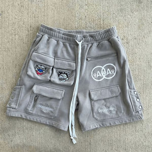 Short en coton avec logo brodé personnalisé de haute qualité pour hommes ourlet brut bord coupé lavage respirant Gym Fitness course Streetwear - Product Image 1