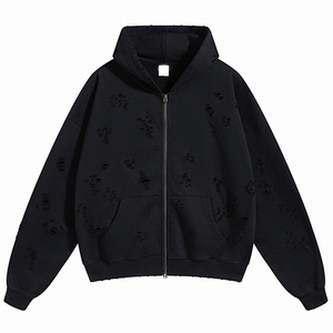 2024 automne et hiver nouveau 450g trou coupé Double extrémité fermeture éclair sweat à capuche ample décontracté à la mode à capuche - Product Image 1