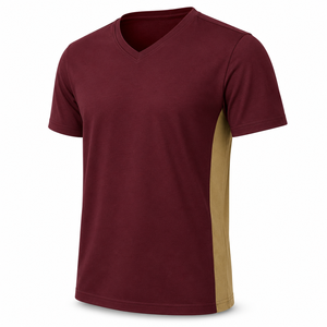 Camiseta al por mayor color borgoña con cuello en V y paneles laterales color canela, ropa casual de algodón personalizada de manga corta para hombre - Product Image 3