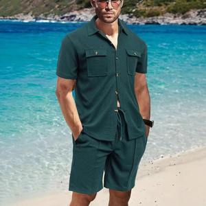 Summer new 2025 casual men Waffle solid color double pocket <b>cardigan</b> <b>short</b>-<b>sleeved</b> daily shirt <b>shorts</b> set - Product Image 5