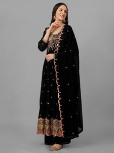 Trendmalls Ensemble de costumes Salwar brodés en georgette Kurta Palazzo avec Dupatta (G126-Black) - Product Image 2
