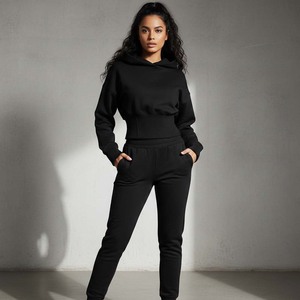 Custom Women <b>Black</b> Cotton Tracksuit Structured Waist Seaming Hoodie Slim Joggers Knee Curve Accentuating Two Piece <b>One</b> Set - Product Image 5