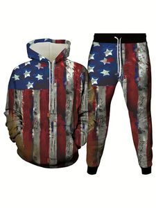 Conjuntos de sudaderas con capucha Chándal de moda para hombres Vintage Stars And Stripes Print 3D Impreso Sudadera con capucha y pantalones Streetwear Conjunto de 2 piezas - Product Image 5