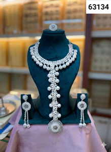 Luxury <b>Gold</b> Finish <b>Double</b> Layer Beaded Long <b>Necklace</b> Set with Shell Pendant, Matching Earrings & Ring 63132 - Product Image 4