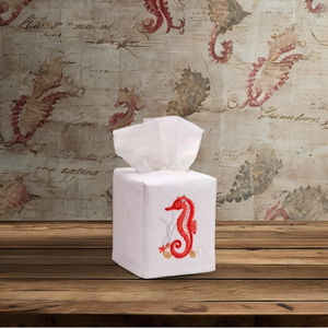 ขายส่งเย็บปักถักร้อยสีแดง Serahorse เนื้อเยื่อกล่องฝาครอบสแควร์เนื้อเยื่อผู้ถือฝาครอบที่มีคุณภาพสูง100% ผ้าลินินตารางตกแต่ง - Product Image 3