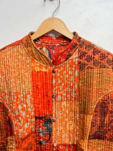 เสื้อโค้ทส่าหรีกันธาทำด้วยมือเสื้อโค้ทผ้าถักปะต่อสั้นผ้าคอตตอนดีไซน์แบบปักระบายอากาศได้ดีสไตล์วินเทจ - Product Image 3