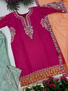 Broderie lourde séquence travail fantaisie Design femmes ensemble Chinon soie lourde séquence broderie travail haut et Palazzo Dupatta - Product Image 4