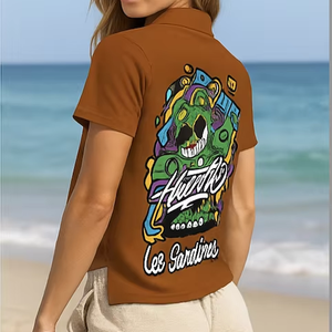 Polo con estampado de algodón 100% trasero de calavera marrón para mujer (150-240 GSM) -Gráfico-Personalizable - Product Image 1