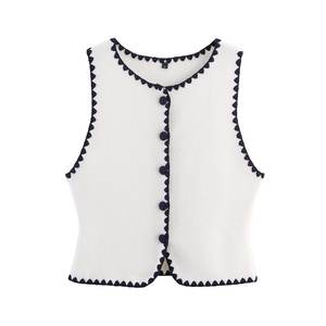 Women 2025 Autumn Breathable Button Contrast Embroidered Knitted Tank <b>Tops</b> V-Neck Casual - Product Image 6
