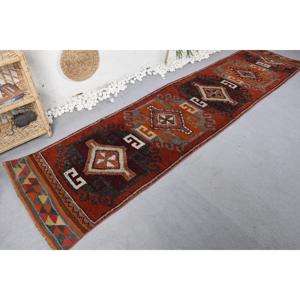 2.7x11.1 ft <b>Runner</b> Vintage Rug, Turkish Rug, <b>Red</b> Beige Animal Print Wool Rug - Product Image 2