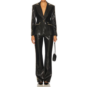 Top High Waist Black PU Leather Wide Leg Pants With Gold Rivet Trim Moto Style Full Length Loose Fit Autumn Wear - Product Image 6