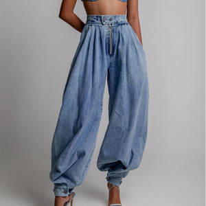 WCross-Border celana Denim musim panas baru Barat wanita-ritsleting pinggang tinggi bermanset, Retro kasual longgar, grosir - Product Image 1