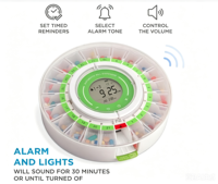Distributeur automatique de pilules avec gobelets amovibles, 21 compartiments, 9 anneaux de dosage, rappel par alarme, écran LCD, alertes sonores et lumineuses