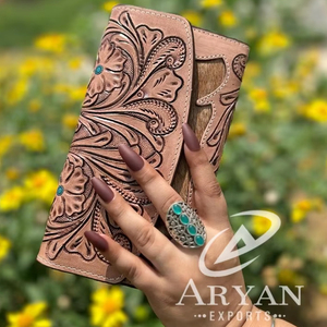 การออกแบบใหม่มือเครื่องมือแกะสลักกระเป๋าสตางค์มีสไตล์ผมบนหนัง Cowhide หลายใช้กระเป๋าสตางค์หนังแท้ตะวันตกสําหรับผู้หญิง - Product Image 1