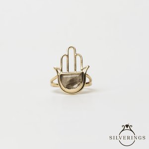 Anillo de la Suerte Hamsa de Plata de Ley 925 con Bisel de Labradorita Dorada para Regalo - Product Image 6
