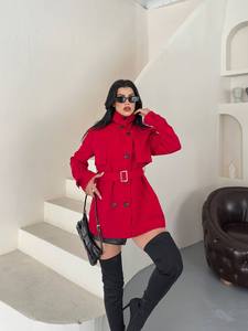 Trench-coat rouge pour femme avec ceinture, col chemise, double boutonnage, manches longues, longueur standard, automne, décontracté, élégant, coupe-vent, uni - Product Image 2