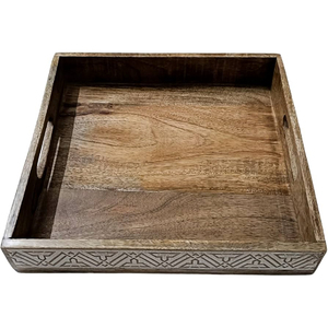 Plateau de service rond en bois d'acacia massif naturel avec poignées, plateau à motif géométrique sculpté à la main pour la décoration de la cuisine et de la maison - Product Image 3