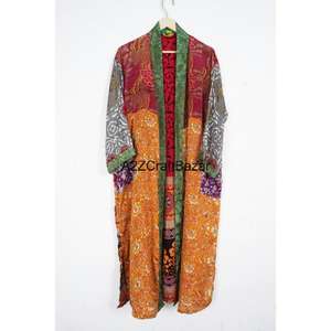 Handmade Summer Robe Hand Stitched Silk Quilted Kantha Kimono <b>Belt</b> <b>Boho</b> Hippie Floral Unisex Bathrobe Women's Sleepwear - Product Image 4